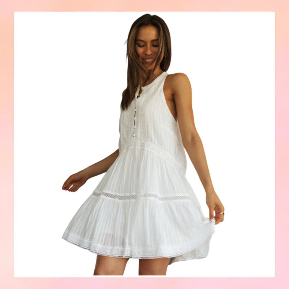 White Patchwork Stand-Up Collar Button Dress Medi… - image 1